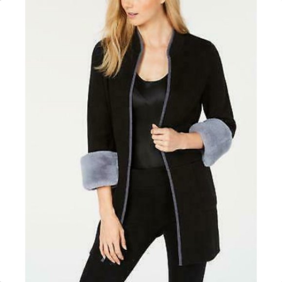 Alfani Petite Faux-Fur-Cuff Cardigan Deep Black PS - Picture 1 of 2